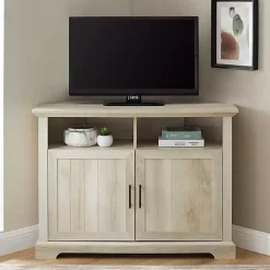 Sale Kirklands Home White Oak Grooved Door Corner TV Stand Ivory
