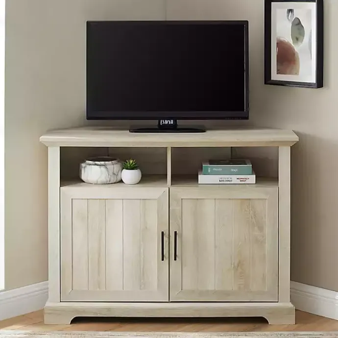 Sale Kirklands Home White Oak Grooved Door Corner TV Stand Ivory