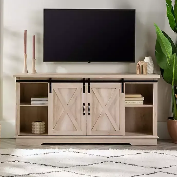 Outlet Kirklands Home Oak Sliding Barn Door TV Stand White