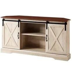 Discount Kirklands Home White Oak Sliding Barn Doors Corner TV Stand Ivory