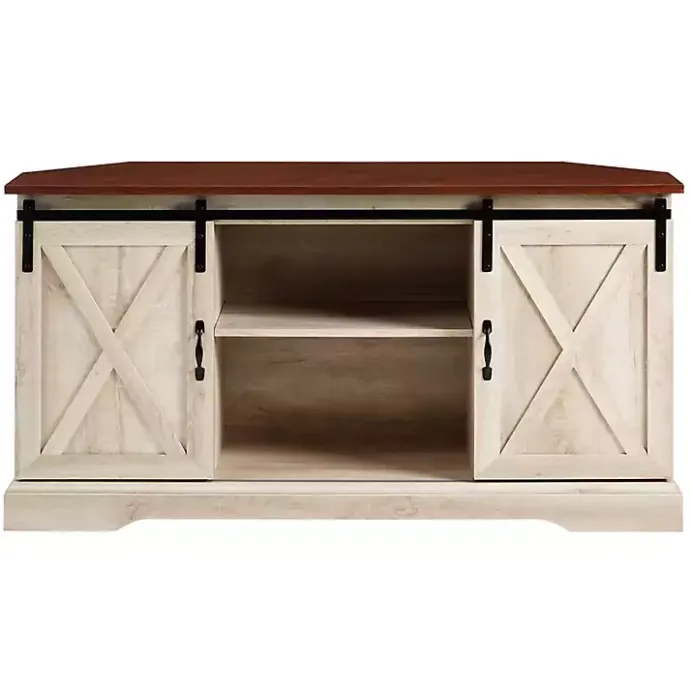 Discount Kirklands Home White Oak Sliding Barn Doors Corner TV Stand Ivory
