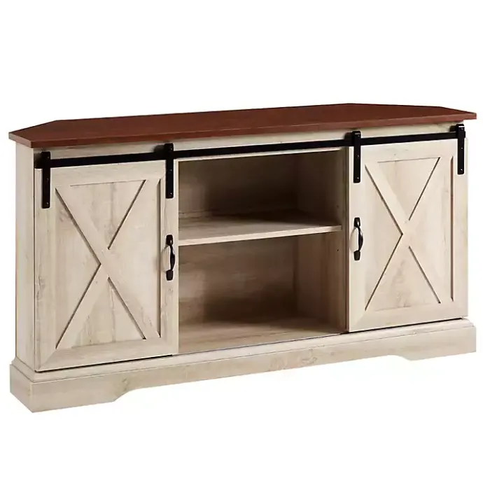 Discount Kirklands Home White Oak Sliding Barn Doors Corner TV Stand Ivory