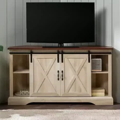 Discount Kirklands Home White Oak Sliding Barn Doors Corner TV Stand Ivory