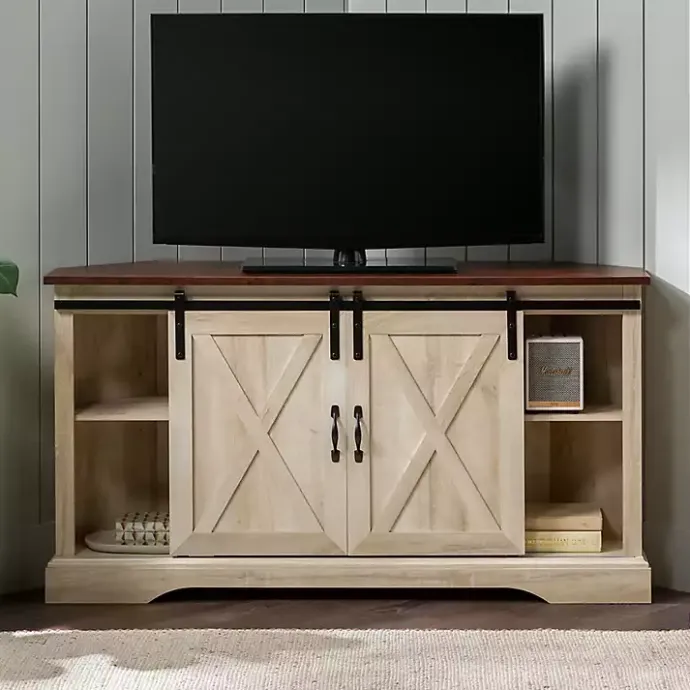 Discount Kirklands Home White Oak Sliding Barn Doors Corner TV Stand Ivory