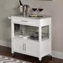 Best Kirklands Home White Parker Granite Top Rolling Kitchen Cart