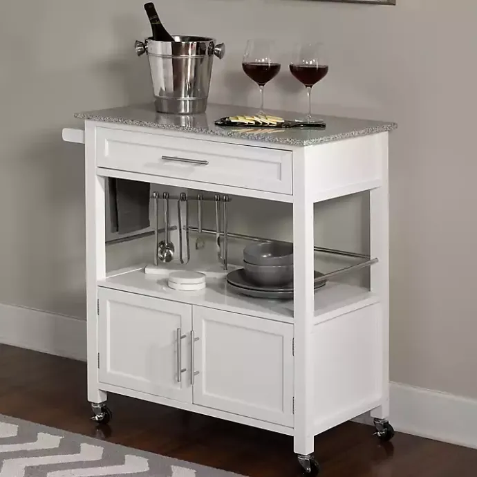 Best Kirklands Home White Parker Granite Top Rolling Kitchen Cart