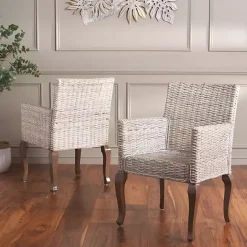 Sale Kirklands Home White Rattan Curved Legs Dining Chairs, Set of 2