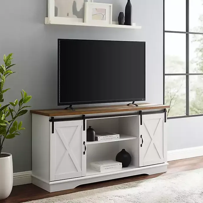 Discount Kirklands Home Sliding Door Rustic Oak Top TV Stand White