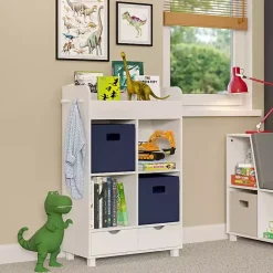 Clearance Kirklands Home Storage Cabinet Bookshelf with 2 Navy Bins White