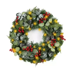 Outlet Kirklands Home White Tip Pinecone and Eucalyptus Pre-Lit Wreath