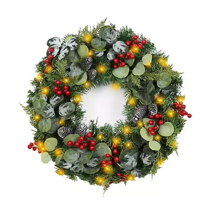Outlet Kirklands Home White Tip Pinecone and Eucalyptus Pre-Lit Wreath