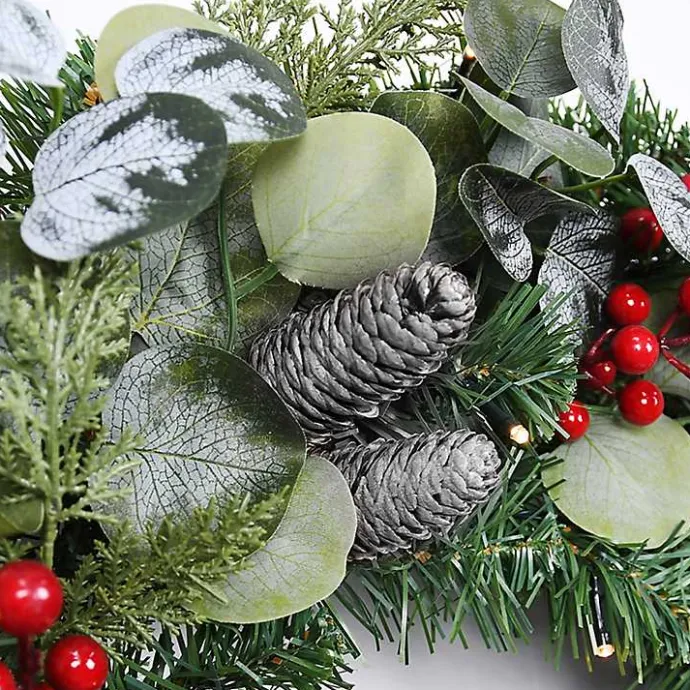 Outlet Kirklands Home White Tip Pinecone and Eucalyptus Pre-Lit Wreath