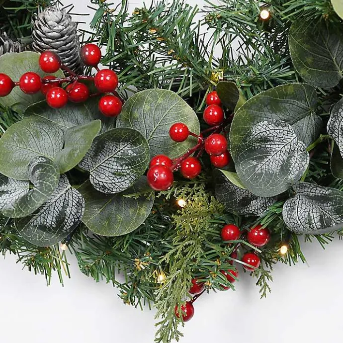 Outlet Kirklands Home White Tip Pinecone and Eucalyptus Pre-Lit Wreath