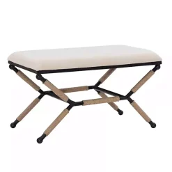 Kirklands Home White Upholstered and Wrapped Rope Metal Bench