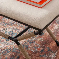 Kirklands Home White Upholstered and Wrapped Rope Metal Bench