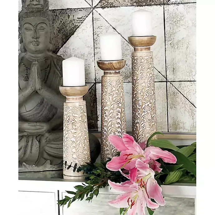 Sale Kirklands Home White Washed Floral Wood Candle Holders, Set of 3