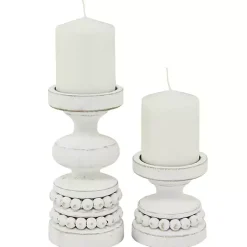 Kirklands Home Wood Beaded Pillar Candle Holders, Set of 2 White