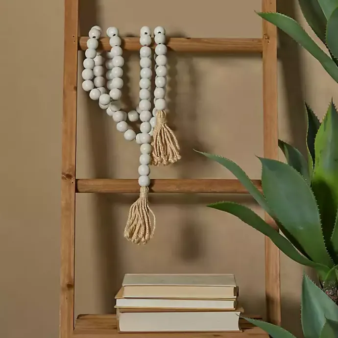 New Kirklands Home Wood Beaded Tassel Garland White