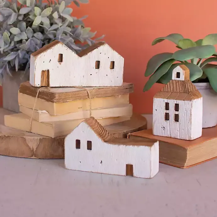 New Kirklands Home White Wood House Figurines, Set of 3
