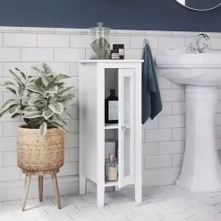 Clearance Kirklands Home Wood Slim Single Glass Door Floor Cabinet White