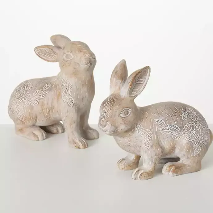 Online Kirklands Home Whitewash Floral Boho Bunny Figurines, Set of 2 Brown