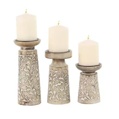 Kirklands Home Whitewash Floral Mango Candlesticks, Set of 3