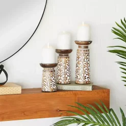 Kirklands Home Whitewash Floral Mango Candlesticks, Set of 3