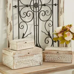 New Kirklands Home washed Floral Carved Wood Boxes, Set of 3 White