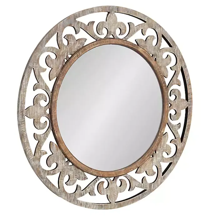Outlet Kirklands Home washed Wood Round Shavali Mirror White