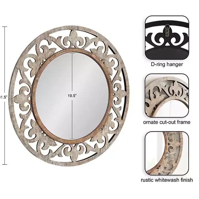 Outlet Kirklands Home washed Wood Round Shavali Mirror White