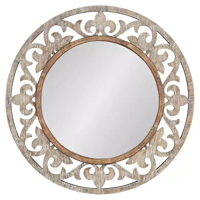 Outlet Kirklands Home washed Wood Round Shavali Mirror White