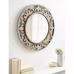 Outlet Kirklands Home washed Wood Round Shavali Mirror White