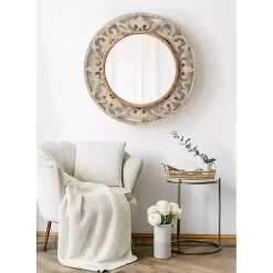 Outlet Kirklands Home washed Wood Round Shavali Mirror White