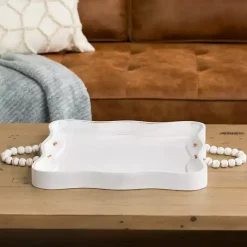 Best Kirklands Home washed Wood Tray with Beaded Handles White