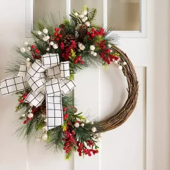 Best Kirklands Home Windowpane Plaid Berry Bow Wreath