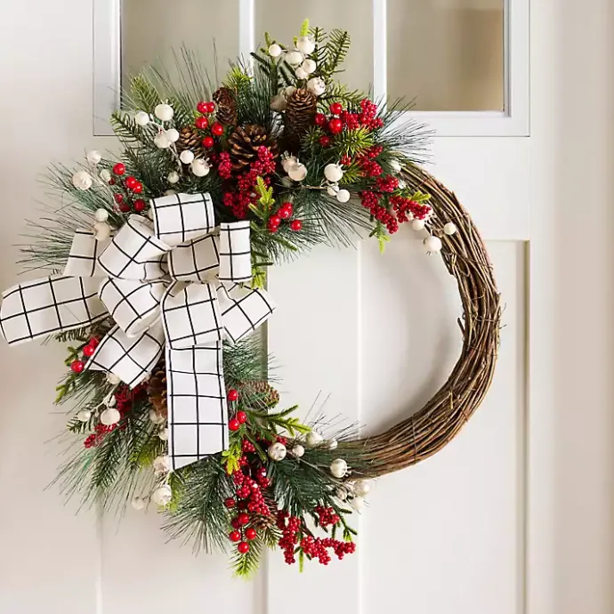 Best Kirklands Home Windowpane Plaid Berry Bow Wreath