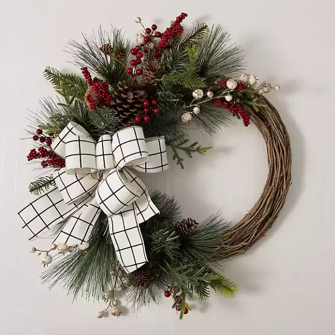 Best Kirklands Home Windowpane Plaid Berry Bow Wreath