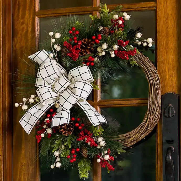 Best Kirklands Home Windowpane Plaid Berry Bow Wreath