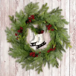 Hot Kirklands Home Winter Skates Christmas Wreath with Red Berries