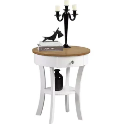 New Kirklands Home Wood & White Curved Legs Round Drawer Accent Table Brown