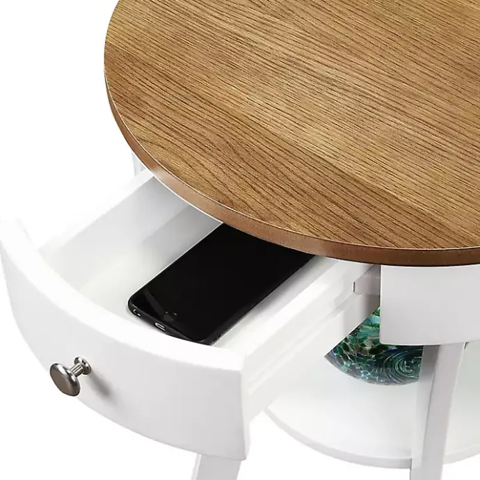 New Kirklands Home Wood & White Curved Legs Round Drawer Accent Table Brown