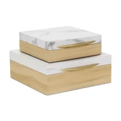 Kirklands Home Wood and Faux Marble Square Boxes, Set of 2