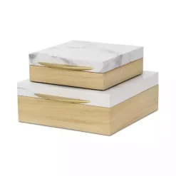 Kirklands Home Wood and Faux Marble Square Boxes, Set of 2