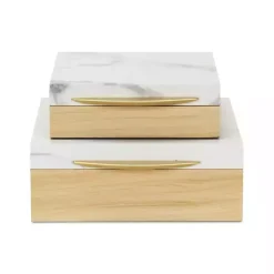 Kirklands Home Wood and Faux Marble Square Boxes, Set of 2