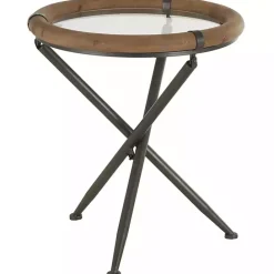 Outlet Kirklands Home Wood and Glass Round Tripod Accent Table Brown