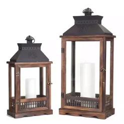 Online Kirklands Home Wood and Metal Embossed Lanterns, Set of 2 Brown
