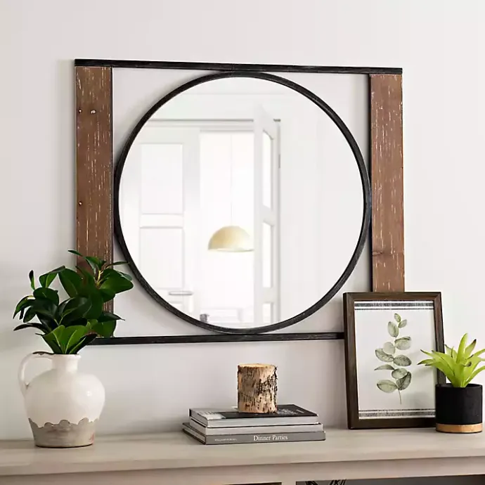 Sale Kirklands Home Wood and Metal Framed Round Industrial Mirror