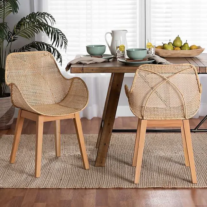 Sale Kirklands Home Wood and Rat Flared Dining Chairs, Set of 2 Tan