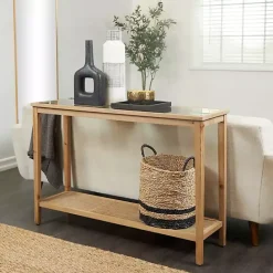 Online Kirklands Home Wood Glass Top Console Table with Rattan Shelf Brown