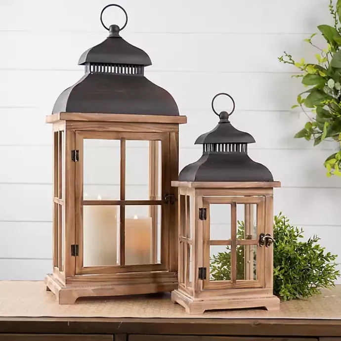 Clearance Kirklands Home Wood Windowpane Slope Top Lanterns, Set of 2